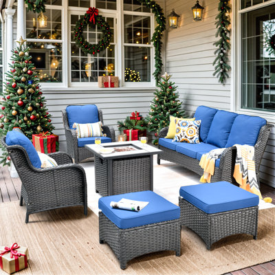 Amanda Premium All-Weather Wicker 5 - Person Patio Conversation Sets with Cushions