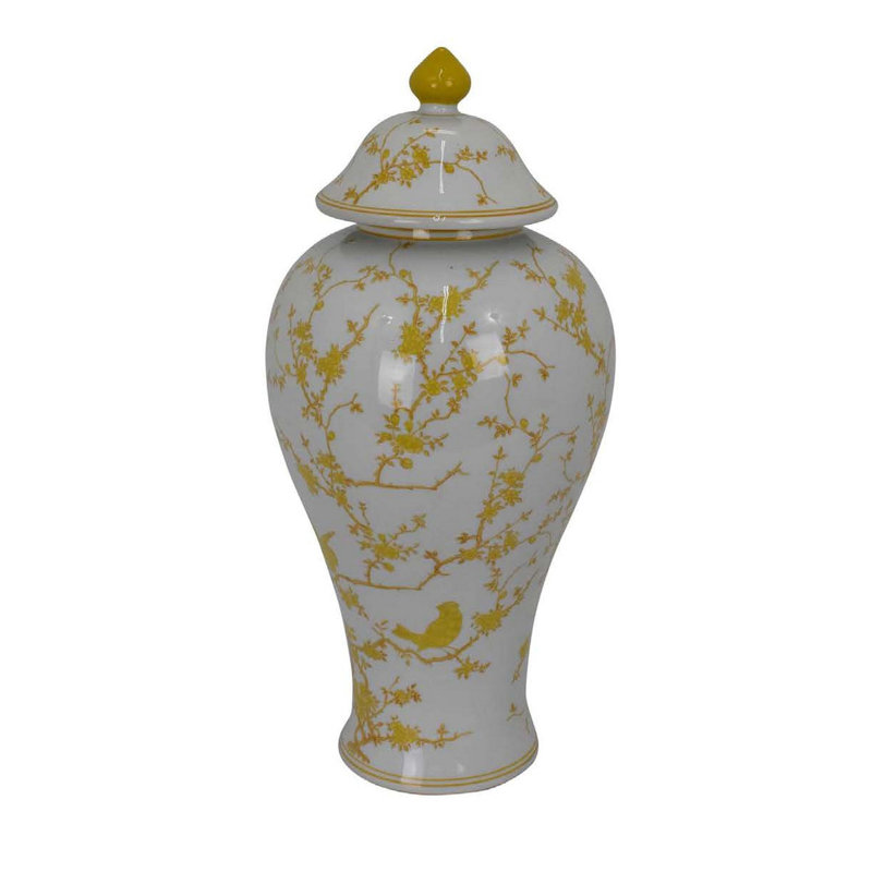 Pot décoratif à couvercle Chris, oiseau jaune et floral, céramique blanche 20 po