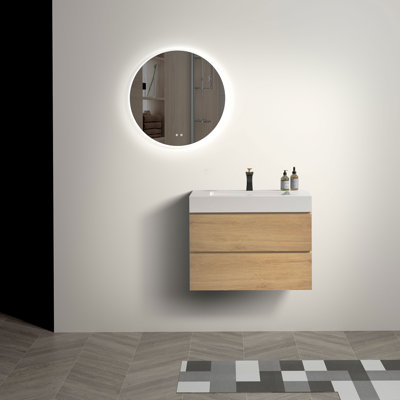 Meuble-lavabo mural en chêne naturel de 30 po avec lavabo, grand meuble-lavabo flottant mural pour salle de bain moderne, lavabo une pièce blanc brillant sans bonde ni robinet