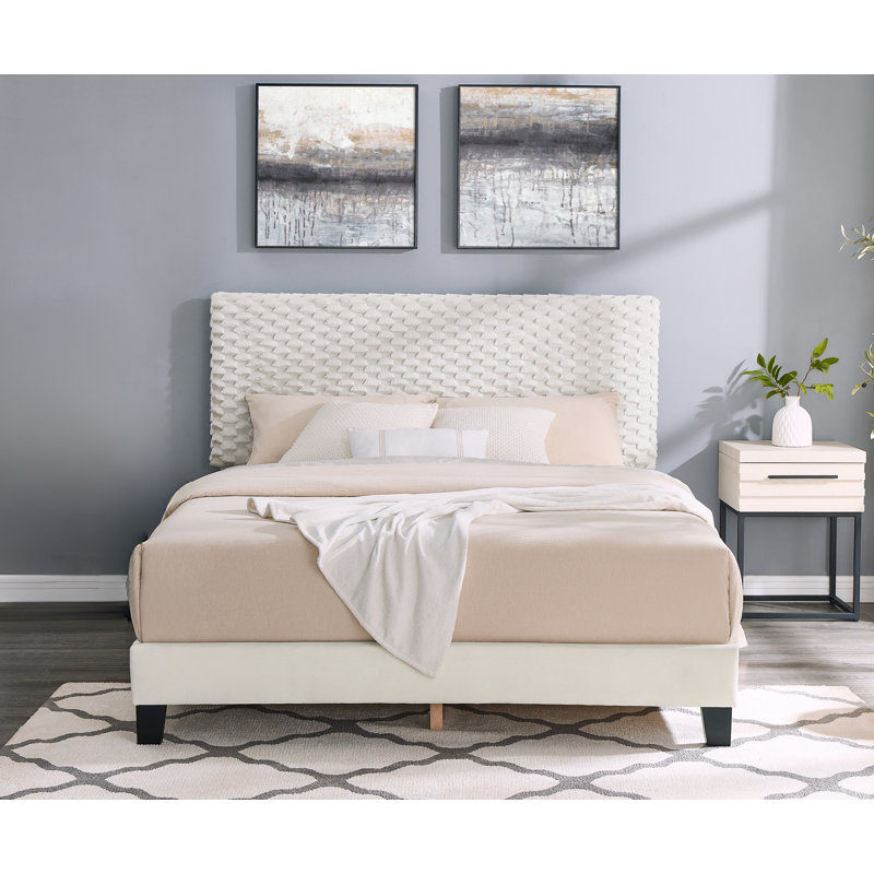 Ensemble de chambre à coucher 2 pièces Findlay, lit rembourré moelleux 3D avec table de chevet, grand, 2 Pcs: Bed, Nightstand