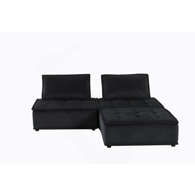 80" Black Velvet 3 Pc Sectional Sofa Ottoman