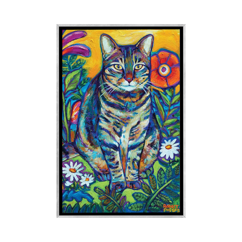 «Garden Cat» par Robert Phelps - reproduction d'art, Toile avec cadre argenté, Aucun mat, H 26 po x l 18 po x 1,5 po