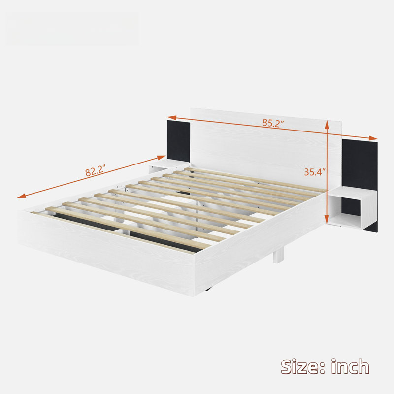 Wooden Floating Platform Bed With Led Lights And Built-in Nightstands, White, Queen