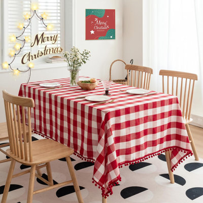 Buffalo Plaid Table Cloth For Rectangle Tables With Tassel Red And White Rustic Textured Farmhouse Burlap Table Cover For Kitchen Dining Tabletop Decoration