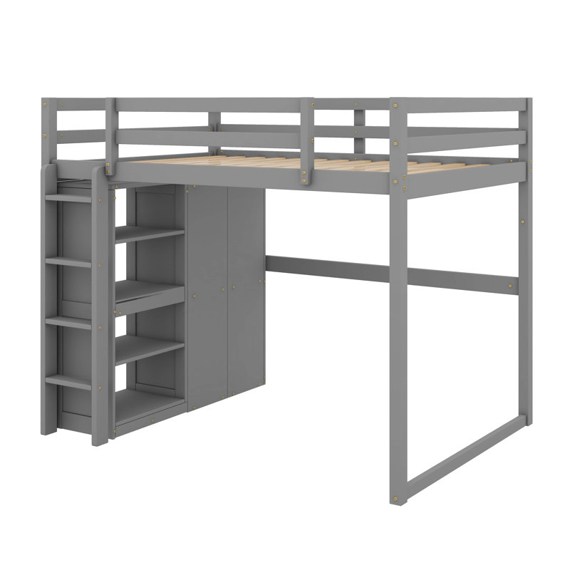 Lit mezzanine double en bois avec garde-robe intégré, tablettes et éclairage à DEL, gris