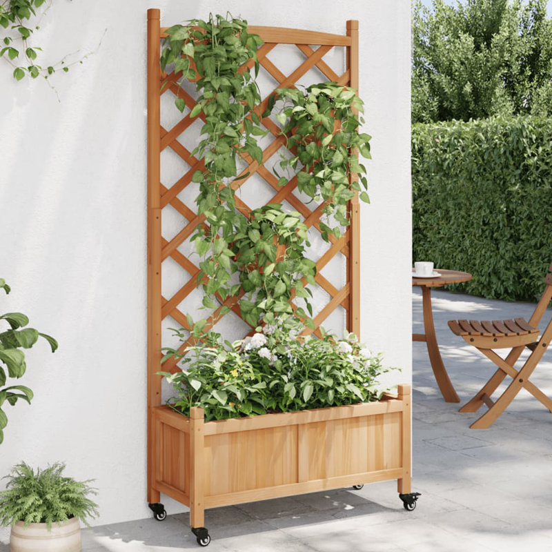Brown Solid Fir Wood Planter with Trellis and Wheels