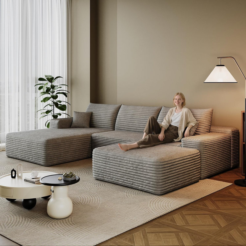 107" W Modular Sectional Sofa with Ottoman,Modern U-Shaped Cloud Couch with Deep Seat,Comfy Corduroy 3-Seater Sofa for Living Room,No Assembly - Gray Corduroy