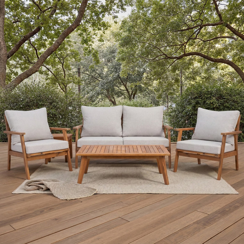 Ensemble de conversation 4 pièces pour 4 personnes en bois d'acacia , Structure naturelle / coussin gris clair