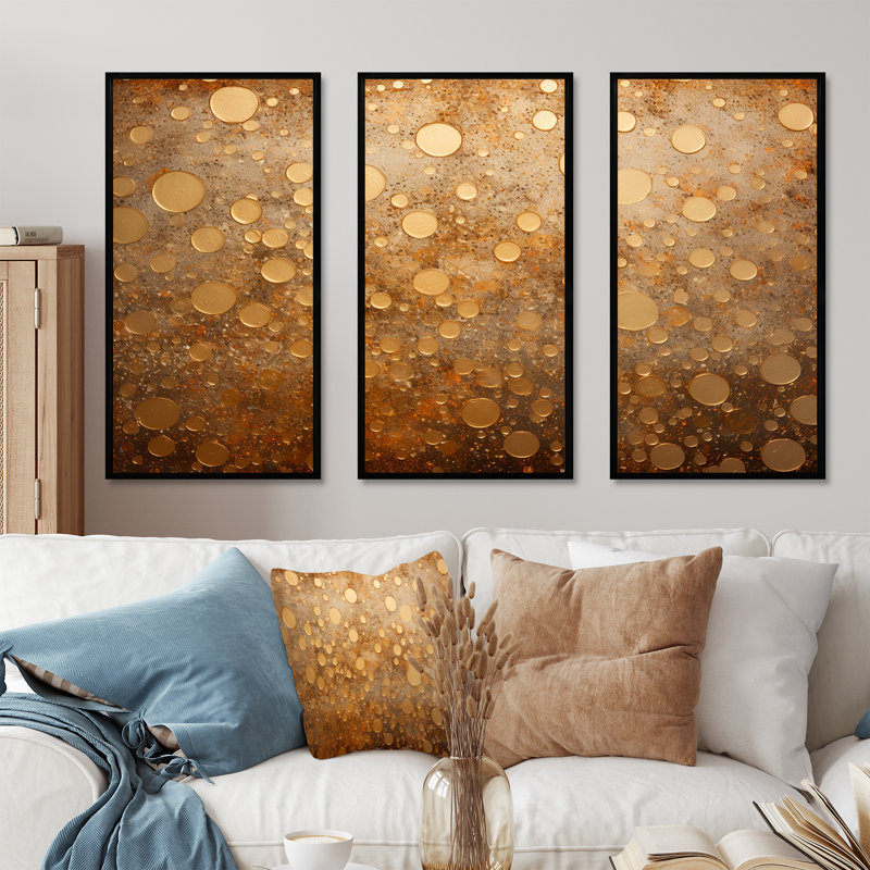 Gold Perlages Pulse - ensemble d'art mural abstrait, Cadre flottant noir, H 40 po x l 60 po x P 1 po