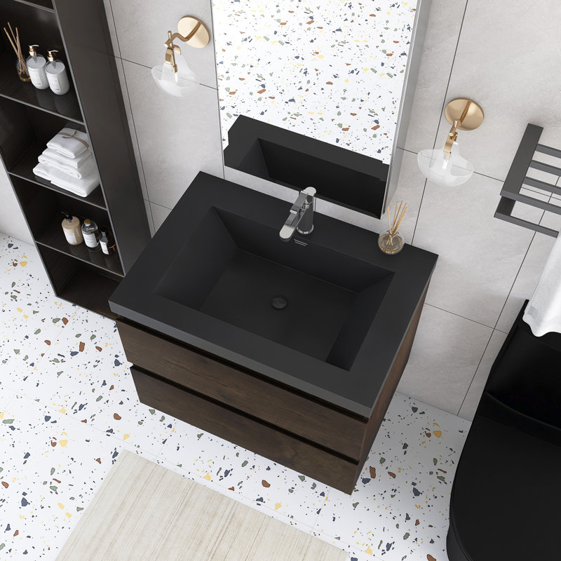 Meuble-lavabo mural simple 30 po avec comptoir en quartz, Noyer