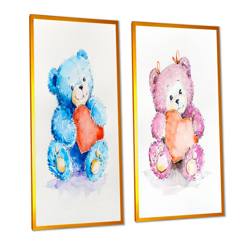 «Happy Valentine Day Cute Teddy», ensemble de 2 reproductions sur toile, H 32 po x l 32 po x P 1 po, Cadre photo doré