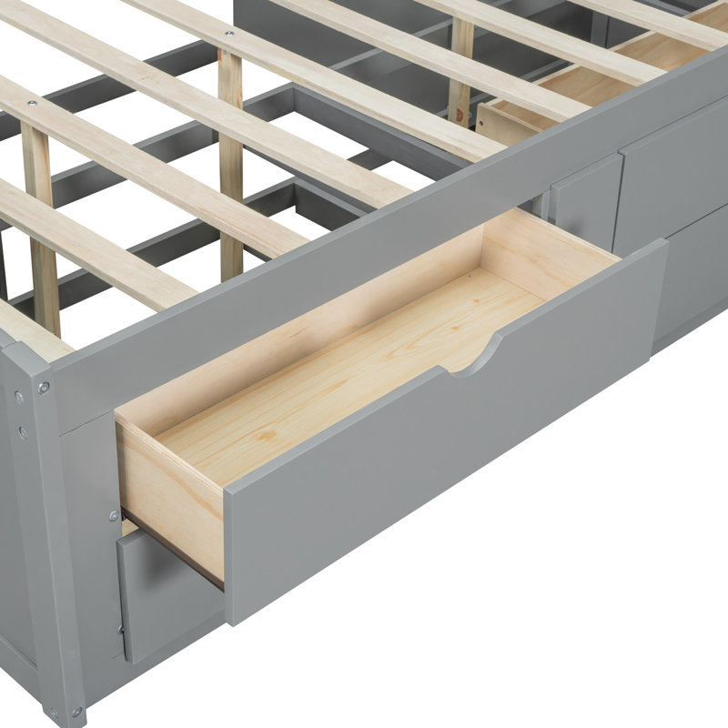 Lit de jour double avec armoires de chevet et tablettes supérieures en gris - qualité durable 2 armoires élégantes, 4 tiroirs et disposition de tablettes élégantes