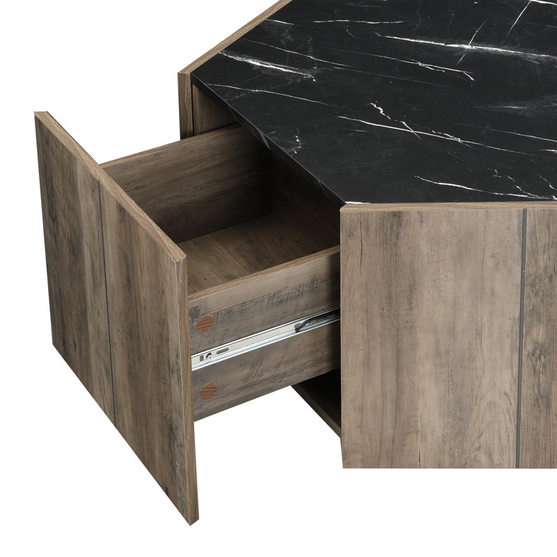 Table basse rustique en bois hexagonal avec tiroirs cachés et plateau en marbre noir texturé