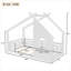 Lit plateforme simple, structure en forme de maison avec fenêtre intégrée et petite tablette, fabrication en bois aggloméré de pin, finition blanche