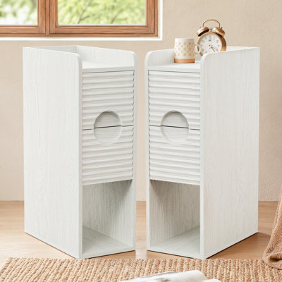 Modern Narrow Nightstands, with 2 Drawers & Open Storage for Small Spaces, White Oak