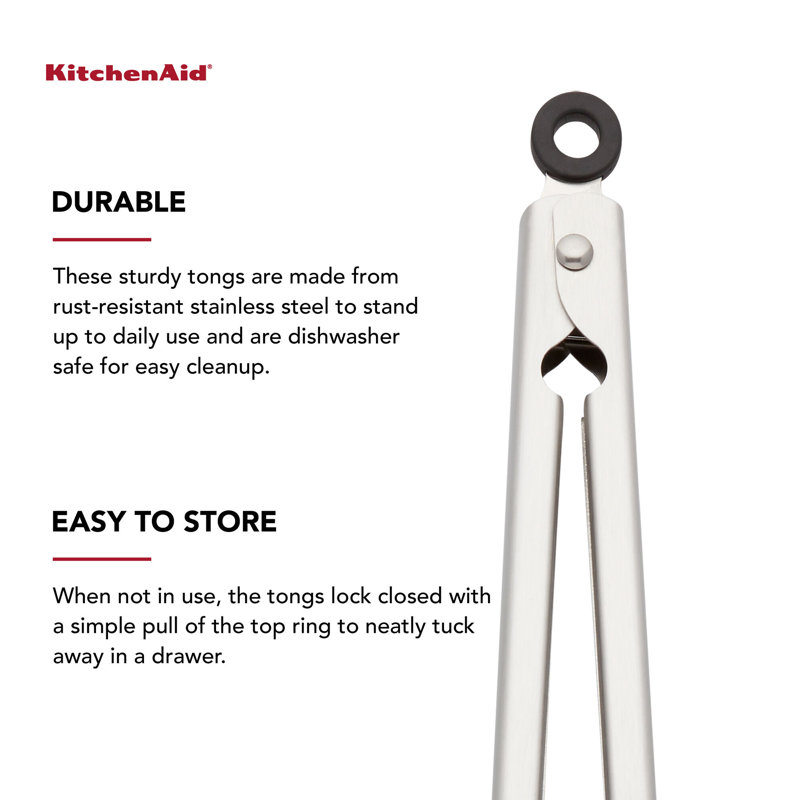 KitchenAid® Gourmet Stainless Steel Serving Tongs with Hang Hook and Secure Closing Lock, 9 Inch