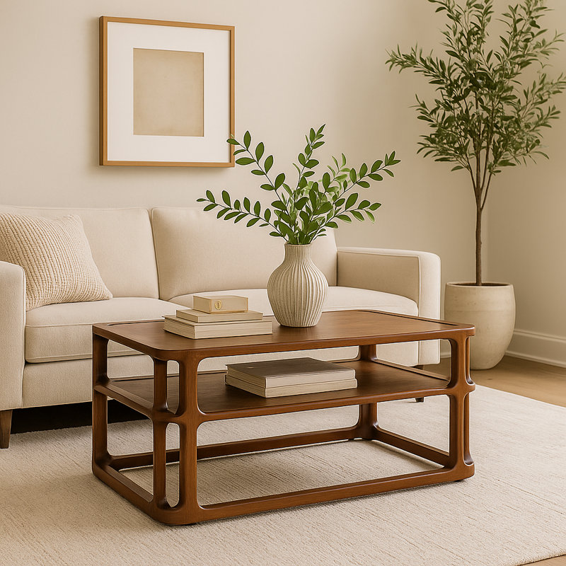 Table basse rectangulaire avec tablette en bois et plateau en marbre, table de salon de style Mid-Century moderne avec finition en bois de noyer, petite table basse avec rangement, 40 po