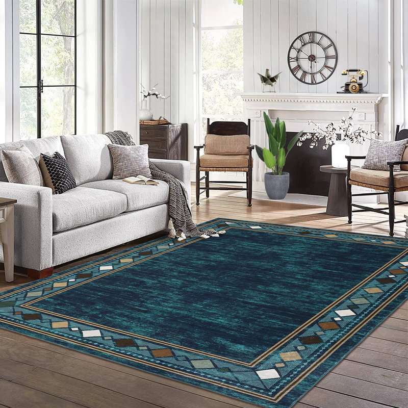 Modern Machine Washable Rugs Bordered Design Non-Slip Low Pile Rubber Backing Indoor Area Rug for Living Room Bedroom Kitchen Dining Room