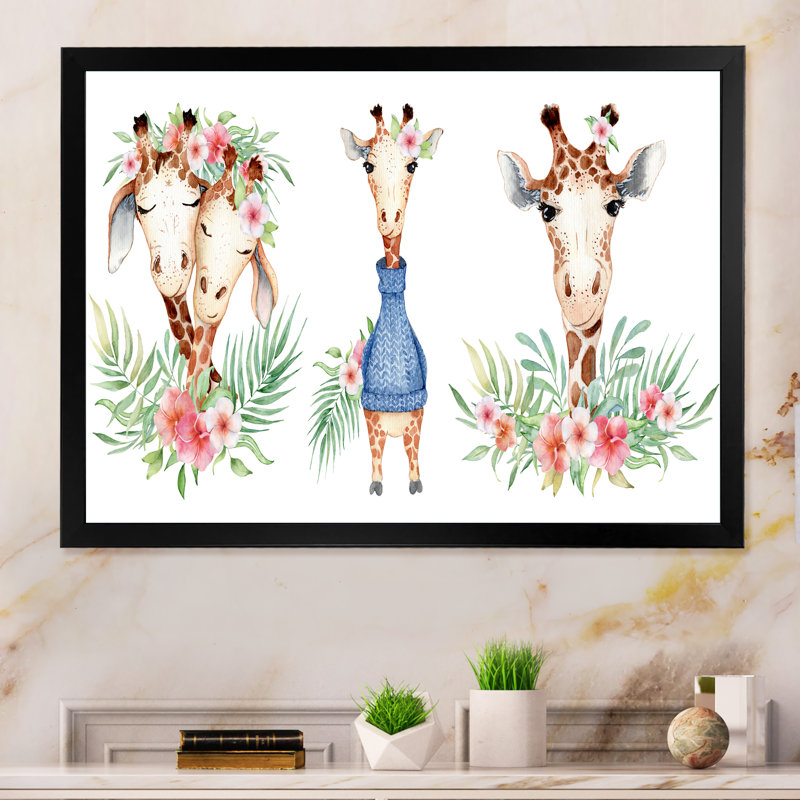«Cute Giraffe Botanical Portrait», reproduction sur toile flottante, Cadre noir, H 8 po x l 12 po x P 1 po