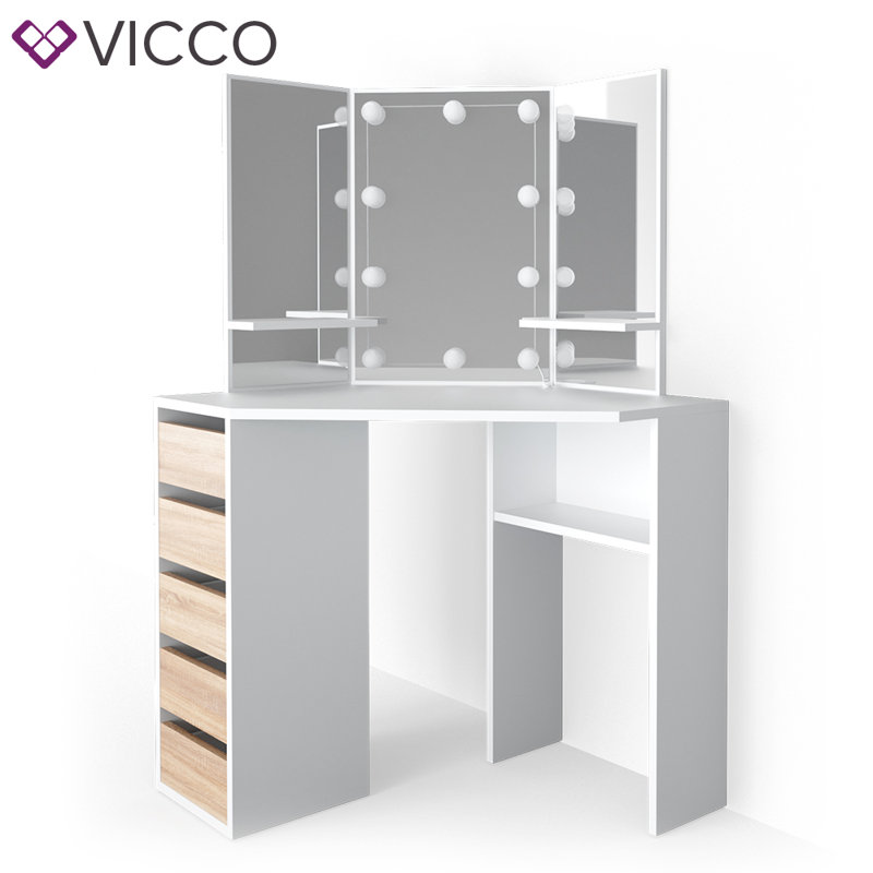 Alvord Dressing Table with Mirror, White/Brown