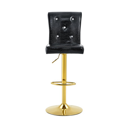 A set of 2 black vintage crocodile leather lift bar chairs, featuring crystal clasp design and synthetic leather design, adding a touch of elegance and mystery to the dining area