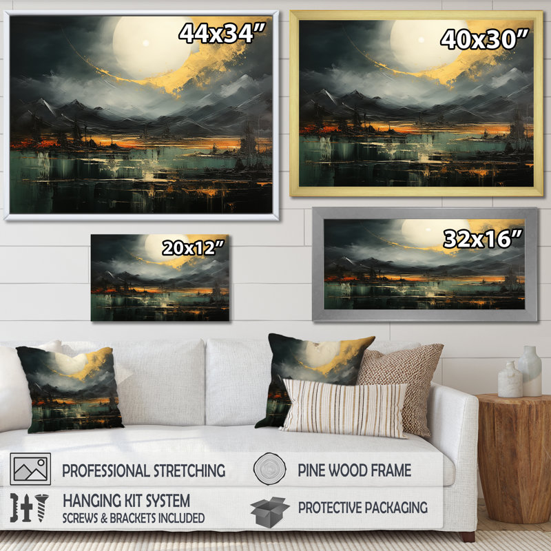 Gris et jaune, paysage de montagne abstrait V - art mural abstrait, Cadre d'angle fermé noir, H 12 po x l 20 po x P 1 po