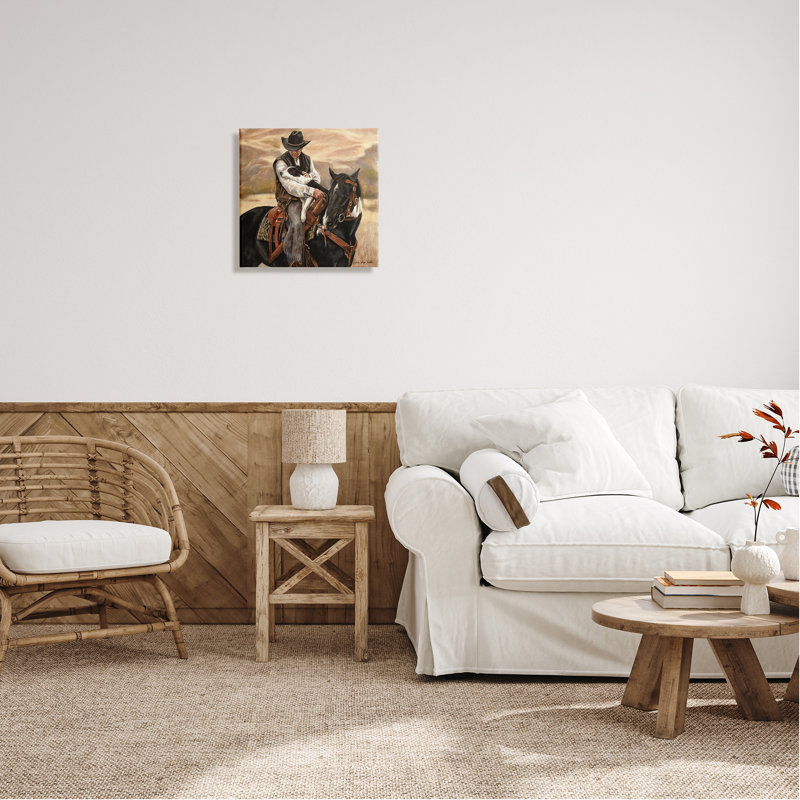«Cowboy with Dog Landscape» par Victoria Schultz - peinture sur toile tendue, H 17 po x l 17 po x P 1,5 po