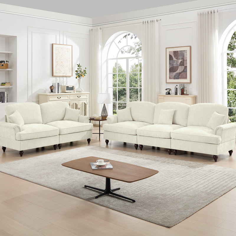 Classic 2 Piece Modular Couch Set With Flared Arms, Removable Ruffles, And Spindle Legs For Elegant Living Rooms, Beige White