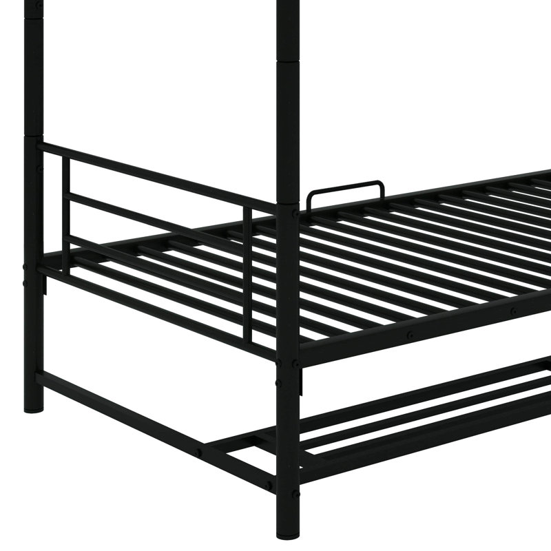 A Metal Bunk Bed With Twin Beds, Equipped With Built-In Shelves And Safety Rails, Black