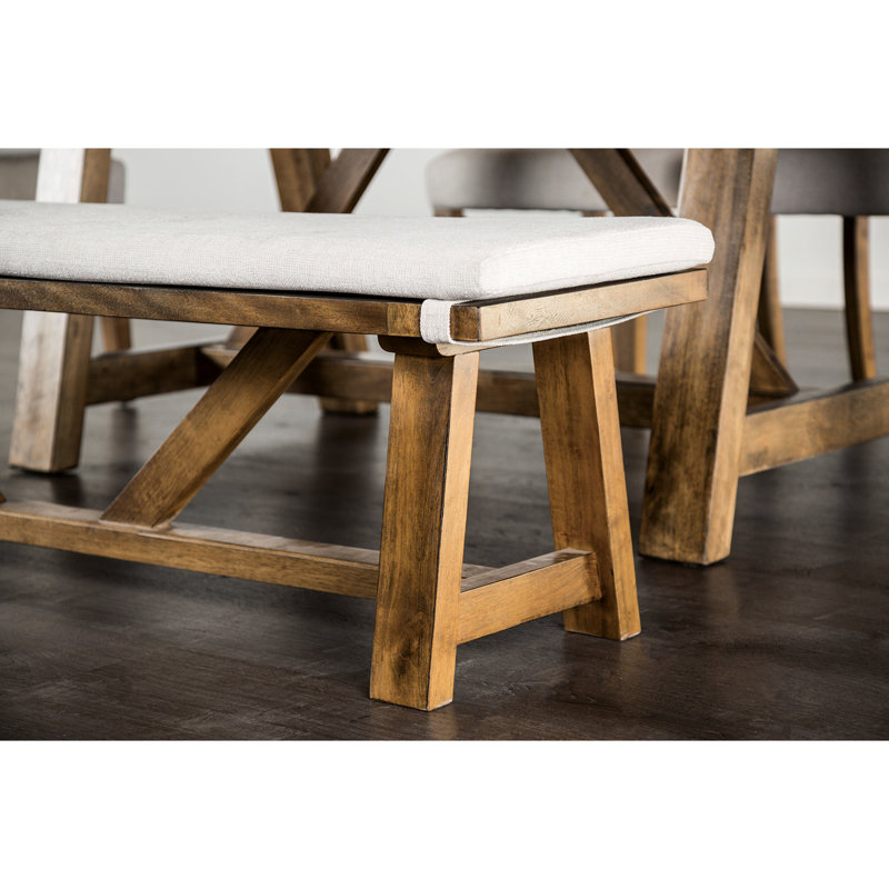 Brown And White Rustic Bench, Fabric Cushion On Trestle Base, 59.5"W, Dining Room Option Bench With Cushion, Frame, 59.5"W X 16.5"H Addition