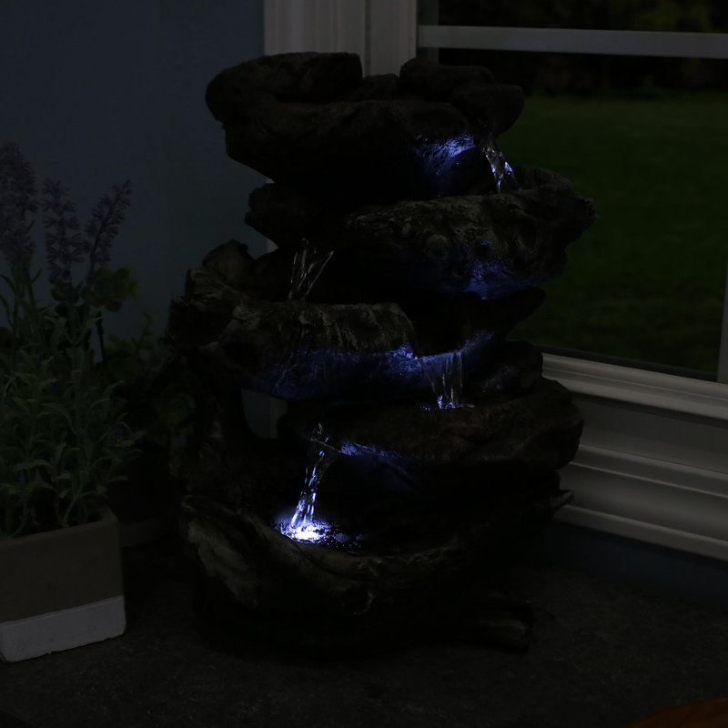 Rustic Dark Brown Polyresin 14" Tabletop Fountain with LED Lights