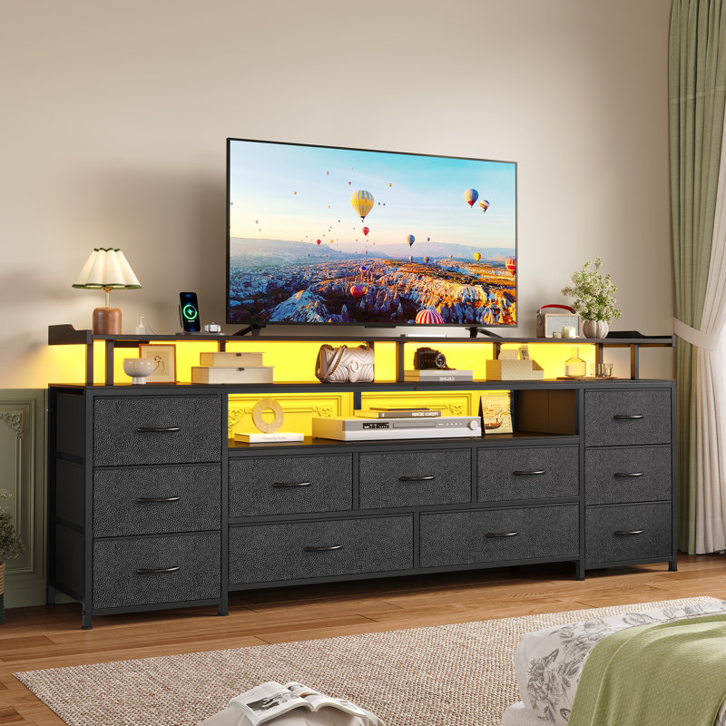 Tv Stand For Tvs Up To 70", Large Led Media Console With Charging Station And Led Light, Black