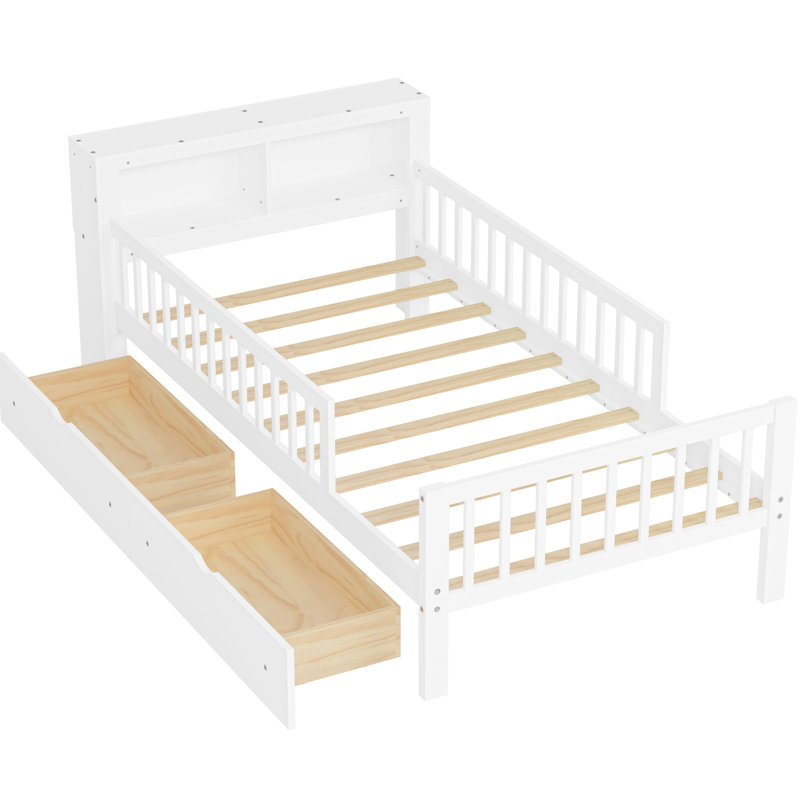Lit simple avec rangement pour la tête de lit et garde-corps - Spacieux sous blanc Durabilité taille deux tiroirs Modernité