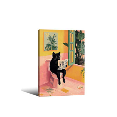Funny Cat Bathroom Wall Art Cat Sitting On Toilet Reading Newspaper Posters 24X36inch