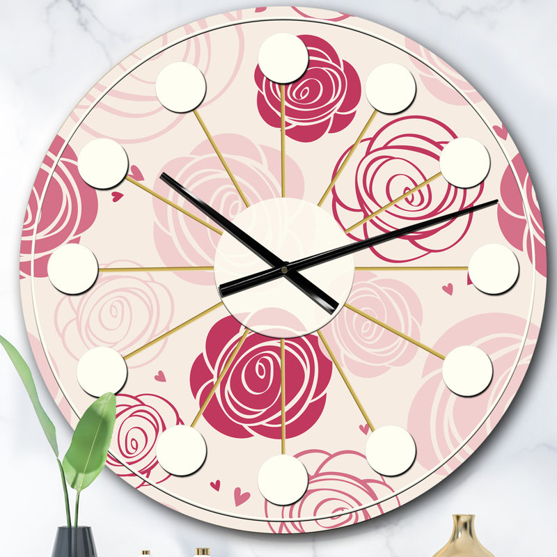 motif de roses - horloge murale moderne Mid-Century, Surdimensionné