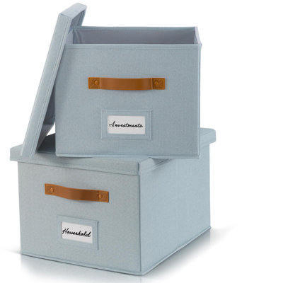 Decorative File Organizer Box Set Of 2 - Collapsible Linen Filing Cabinets W/Handles Are Perfect To Store All Your Documents & Hanging File Folders - Portable Easy Slide File Crates With Lid