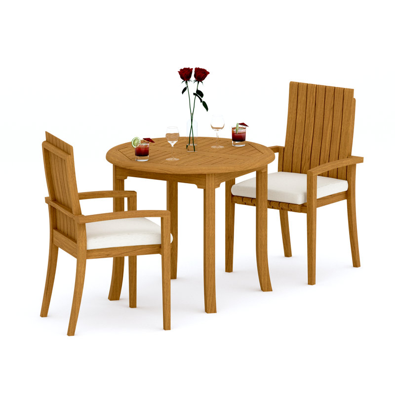 2 Seats 3 Pcs Grade-A Teak Wood Dining Set: 36" Round Table And 2 Goa Stackng Arm Chairs #11GO0702, 2