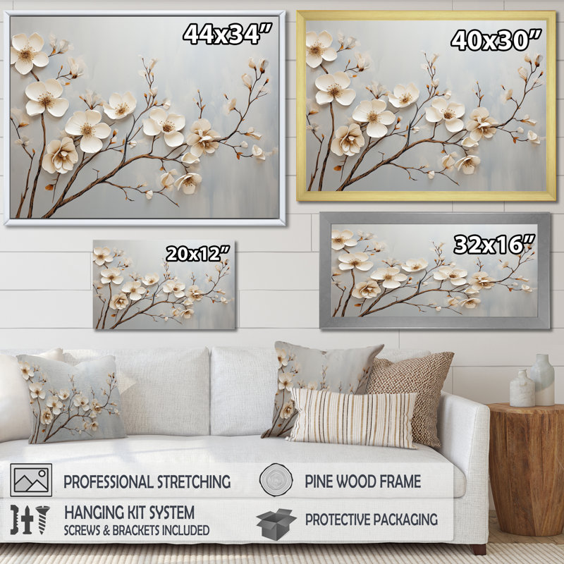 «White Dogwood Blossom Scenery I», reproduction sur toile, H 16 po x l 32 po x P 1 po, Cadre flottant blanc