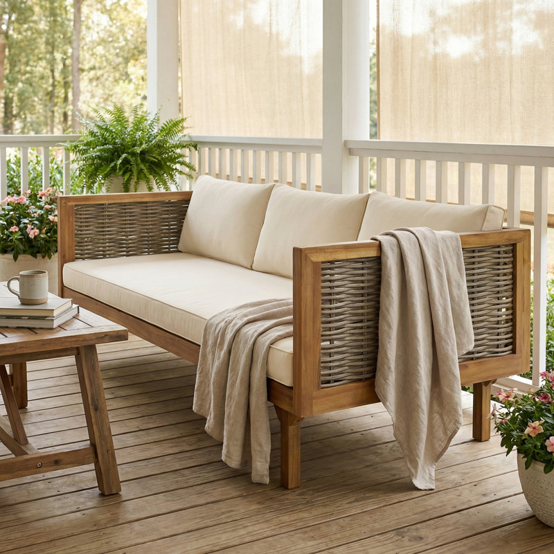 67.5'' Wide Acacia Wood Straight Patio Sofa,Seater Daybed, With Cushions, Beige