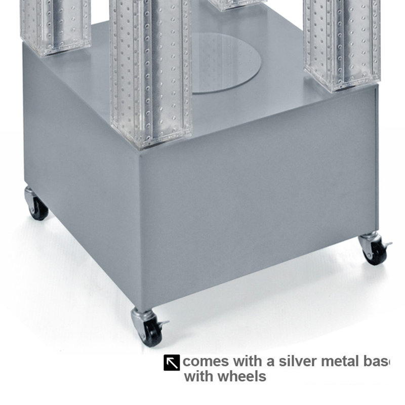 Présentoir multi-tours en panneau perforé sur base à roulettes. Taille du panneau: l 4 po x H 48 po