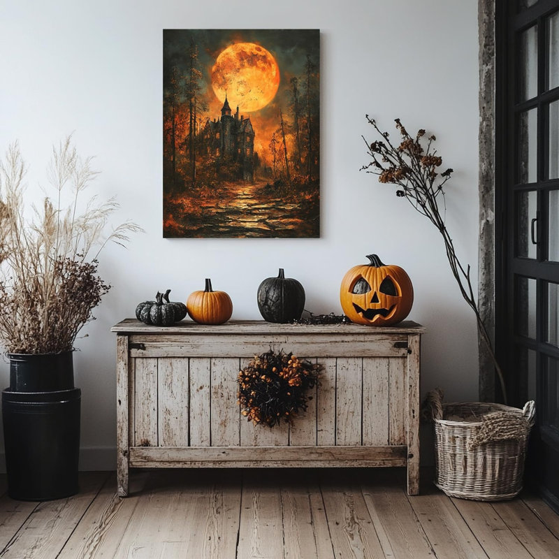 Château avec fenêtre brillante, lune de sang, art mural non encadré 24 po x 36 po