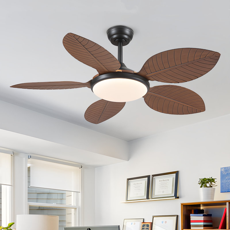 48" Tropical Brown Leaf 5 blades Ceiling Fan With Led Lights and Remote, Brown