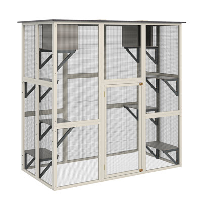 Maison pour chat d'extérieur en bois gris, toit en asphalte, 6 plateformes d'escalade, 2 espaces de repos et cage de sécurité