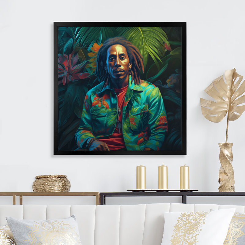 Bob Marley Miami Vibes sur toile, Cadre d'angle fermé noir, H 16 po x l 16 po x P 1 po