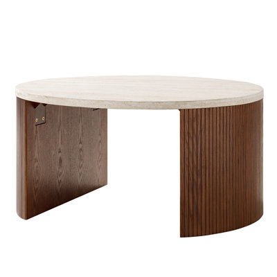 Jadida Celia Modern 36"W Fluted Round Coffee Table with Travertine Top