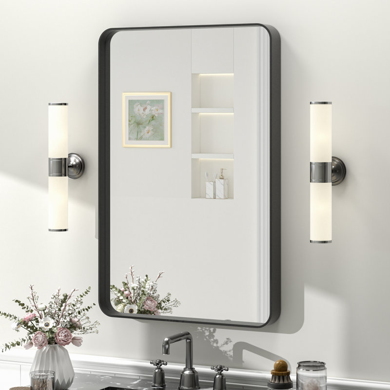 Molly Tempered Glass and Metal Framed French Cleat Mounted Wall Bathroom / Vanity Mirror, Black, 30'' x 20''