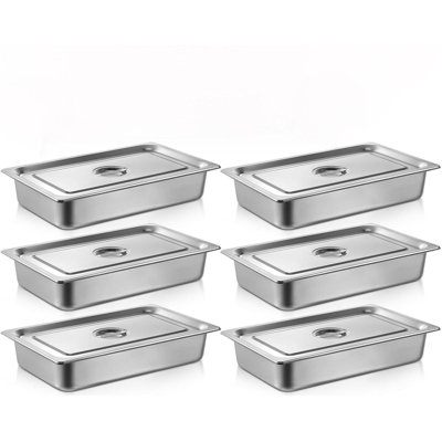 Paquet de 6 poêles pour table de cuisson à vapeur pleine grandeur avec couvercle en acier inoxydable épais, plateaux commerciaux, récipients de nourriture à vapeur pour réchaud (20,8 x 12,8 x 3,9 pouces)