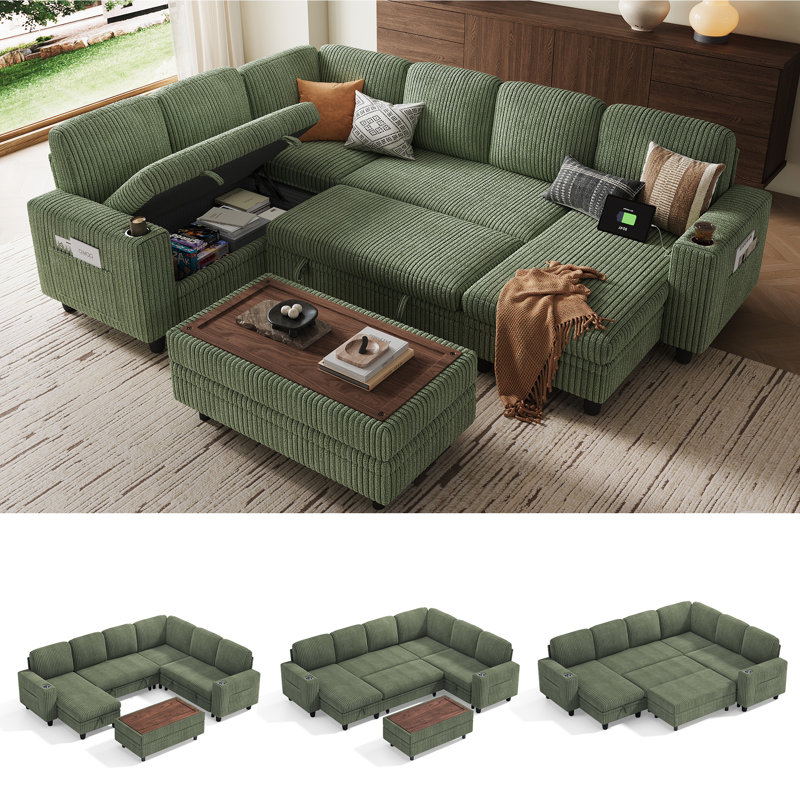Sherry 106" Upholstered Modular Sectional with Sotrage Ottoman & USB Charging, Bella Forest Green Corduroy