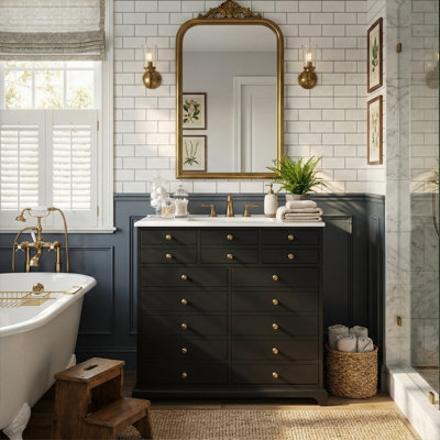 Meuble-lavabo autoportant 30 po de style apothicaire rétro, armoire en bois massif avec lavabo en céramique et poignées dorées