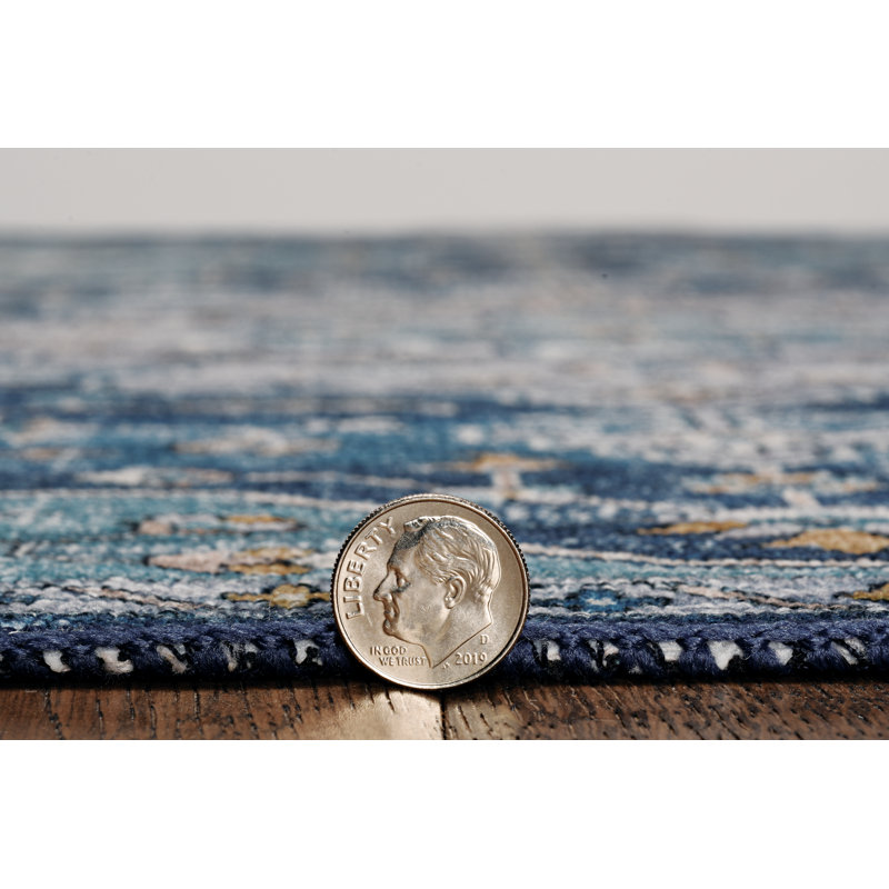 Ducote Washable Teal and Ivory Machine Woven Area Rug, Rectangle 2' x 3'